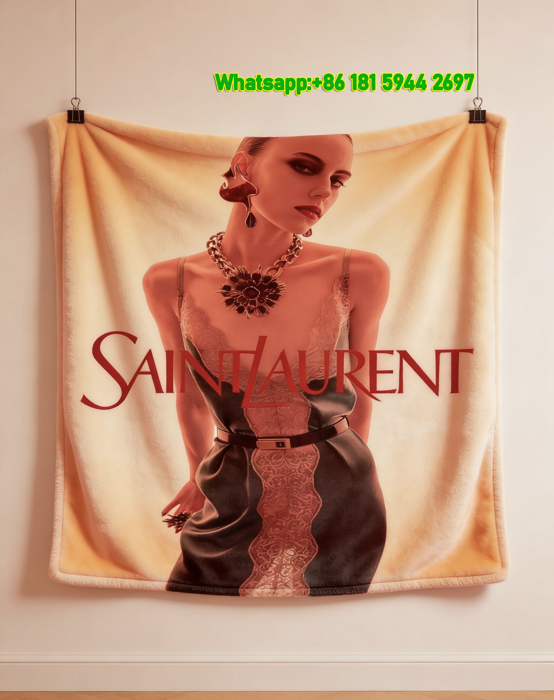 Yves Saint Laurent YSL Bold Red Toned Fashion Print Red Gold Black Flannel Throw Blanket Luxury Designer Printed Sofa Cover Blanket IMG_3304